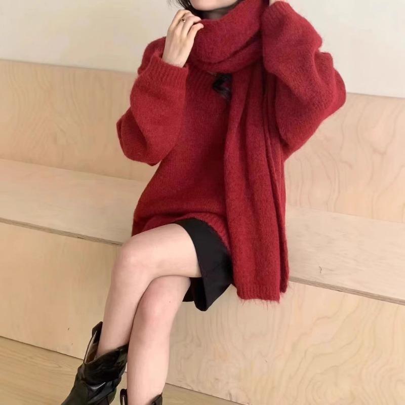 Lazy with scarf knitted pullover sweater women's autumn and winter loose soft waxy fashion versatile knitted sweater women