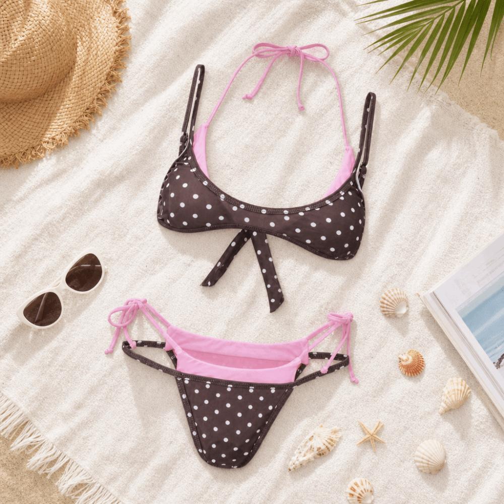 Bikini a pois con scollo all'americana Set Profondo V Vita Bassa Costumi da bagno da donna Patchwork Allacciatura Costumi da bagno da donna Spiaggia