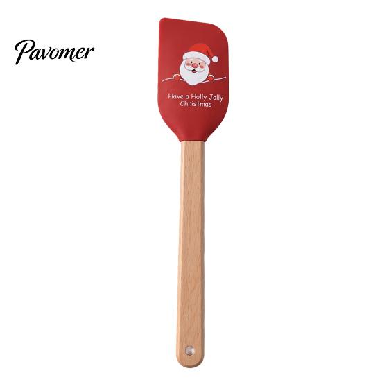 Decorative Holiday Baking Utensils Silicone Spatula with Wooden Handle, Christmas Tree/Snowman/Santa Claus/Elk Pattern for Decor, Heat Resistant