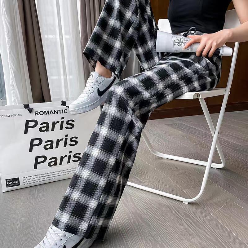 Women's High-Waist Plaid Wide-Leg Drape Pants - Black/White