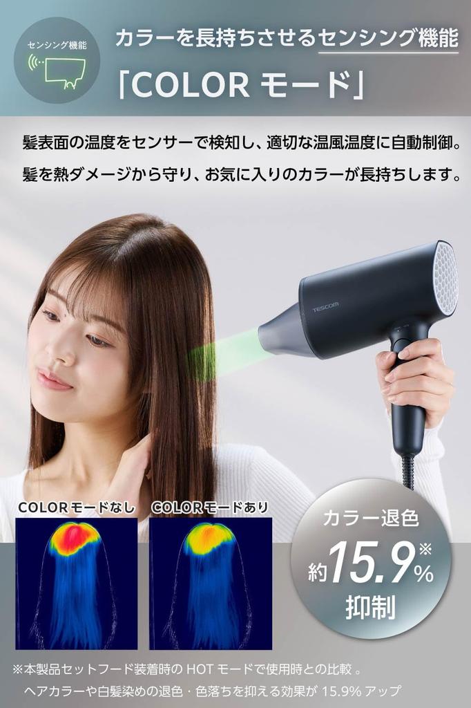 Tescom Hair Negative Fast High Airflow Airflow COLOR AUTO Cool Shot Sensing Cool Navy Dryer, Ion, Drying, [3 Levels, Mode, Mode, Switch], Function,