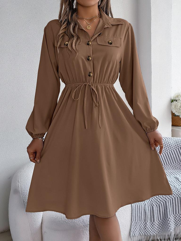 Casual Lace Up Waist Long Sleeve Solid A Line Shirt Dress For Women