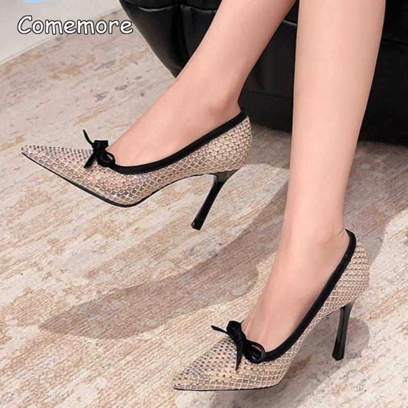 Rhinestone Mesh Pumps for Women Pointed Toe Stiletto Heels with Cute Bow Detail Slip-on Party Dress Shoes Women's Elegant Shoes