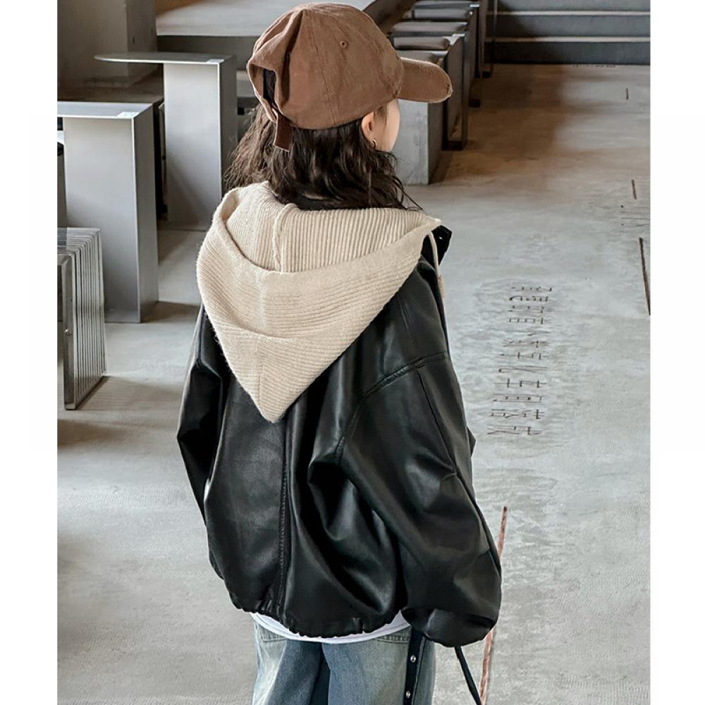 Winter And Girls Autumn Coat New Style Midlarge Childrens Western Style Loose Spring And Autumn Leather Jacket Girls Allmatch Hooded Biker Suit