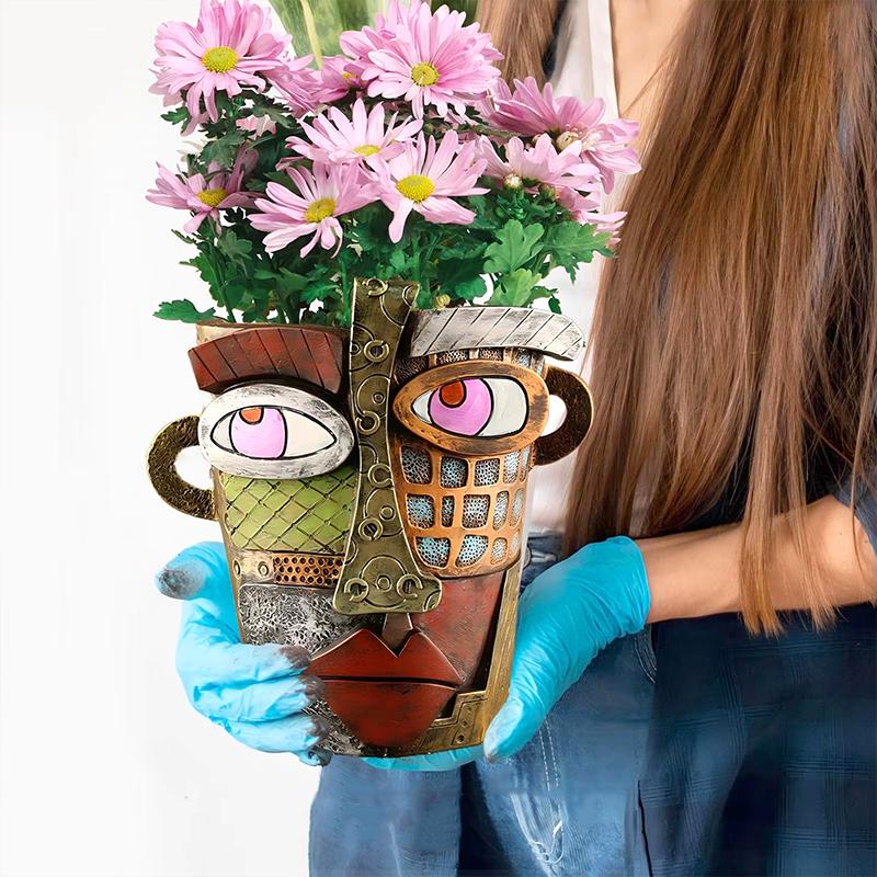 12.5x12x9cm Flower Arrangement Picasso Style Resin Flower Pot Home Decor Abstract Human Face Design Artistic Home Decor Luxury 1PC