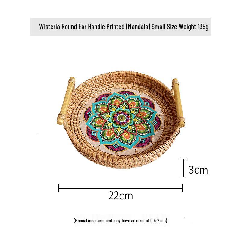 Nordische Handgefertigte Rattan Gewebte Florale Print Runde Griff Frühstückstablett