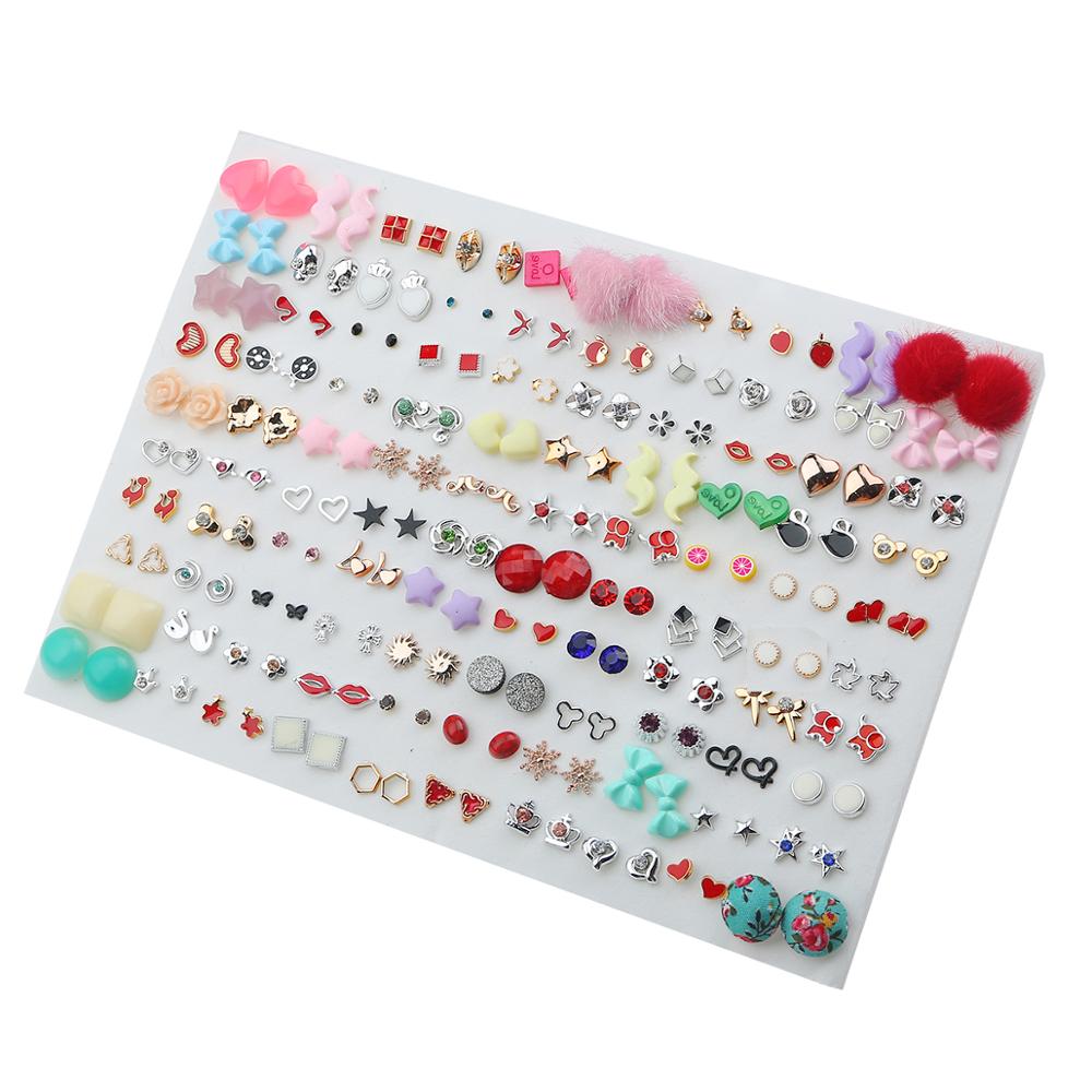 100Pairs Acrylic Crystal Heart Star Moon Small Stud Earrings Set For Women Girl Animal Flower Plastic Earring Trend Jewelry