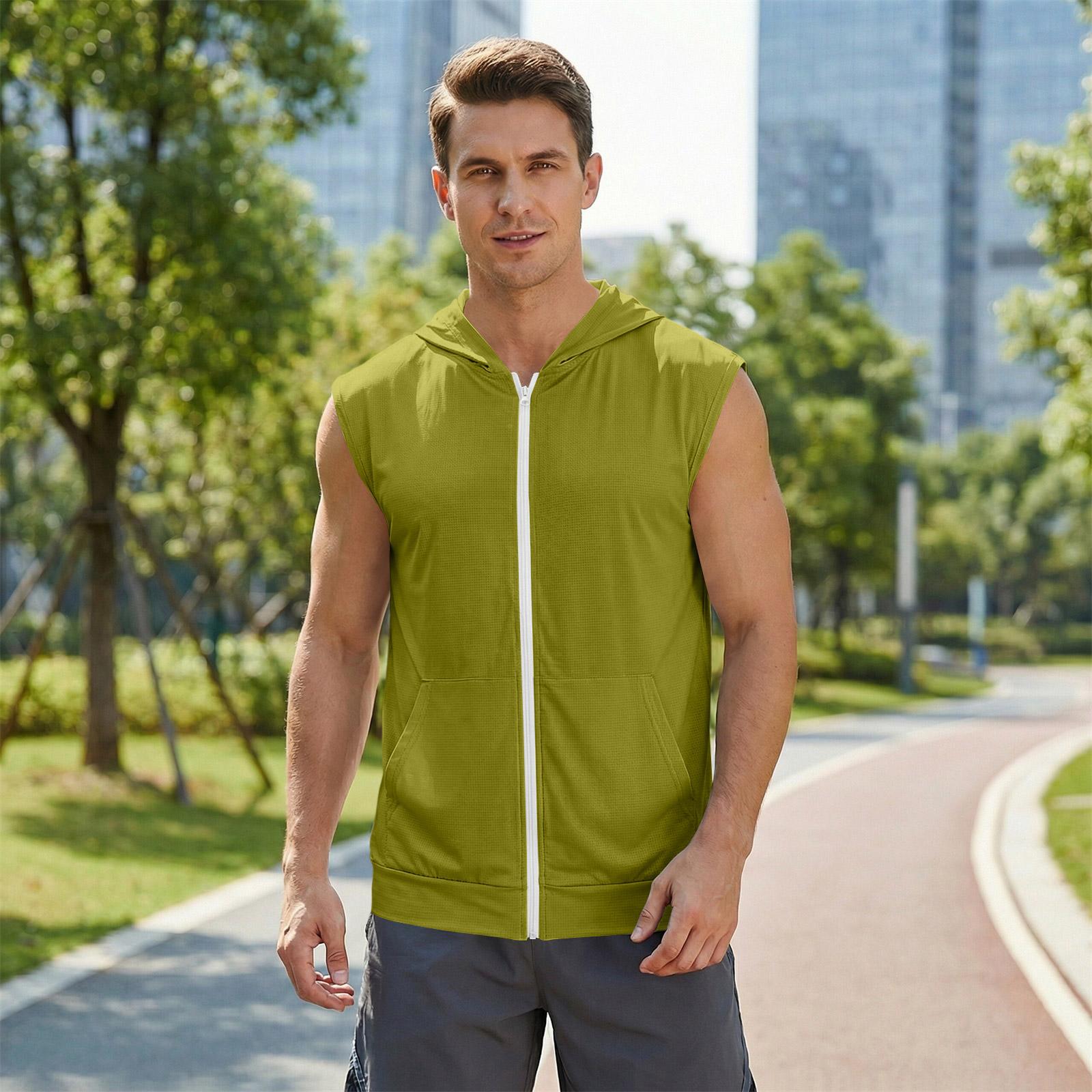 

Men Sleeveless Zip Up Hoodie Lightweight Hooded Vest with Pockets Athletic Workout Casual Top for Gym Running Training L
