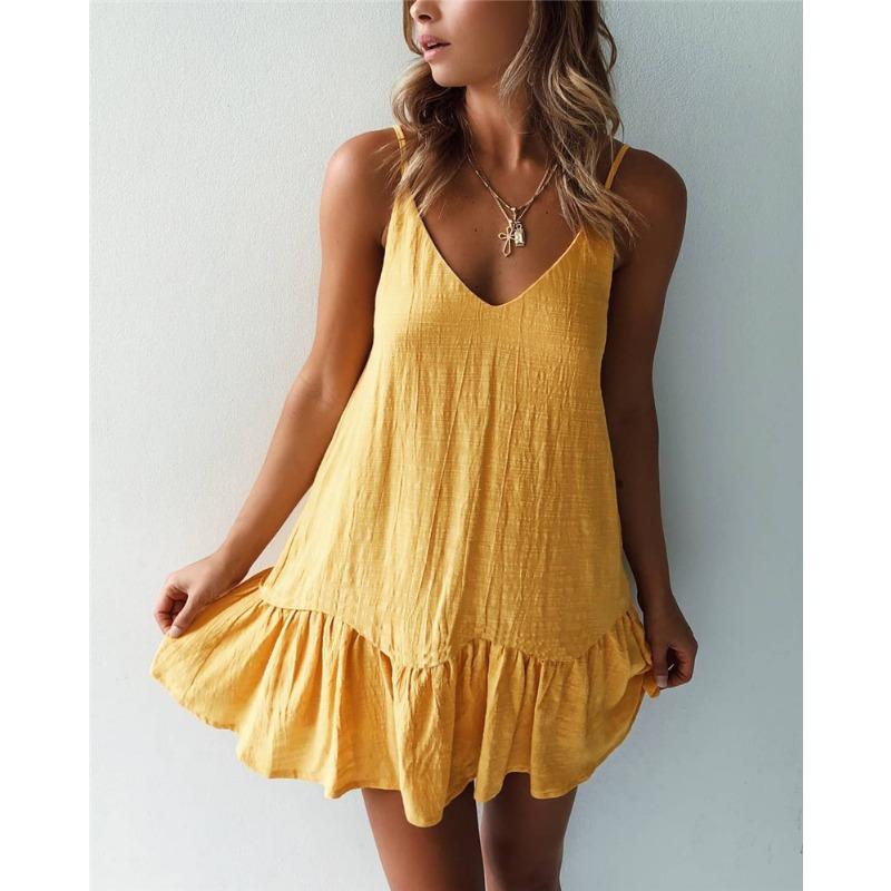 

Summer Fashion Sexy Suspender V-neck Dress Backless Elegant Casual Loose Simple Ruffled A-line Short Dress Female Solid Color Women s Clothing XL жовтий