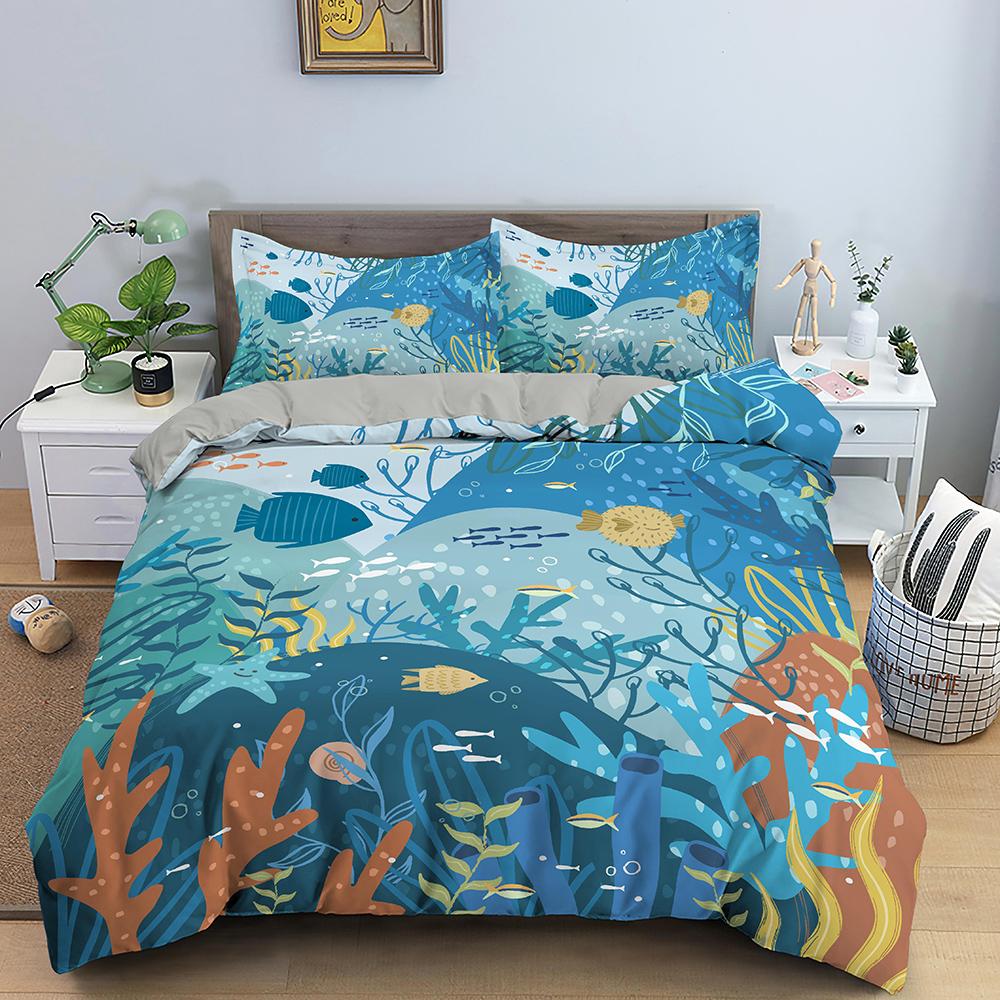 Cartoon Underwater World Sea Animals Bedding Set Boys Girls Twin Queen Size Duvet Cover Pillowcase Bed Kids Adult