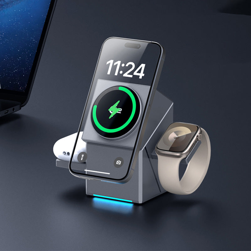 Stazione di Ricarica Wireless Magnetica 3 in 1 Qi2 per iPhone 12/13/14/15/16/17 Apple Watch AirPods Ricarica Rapida 15W