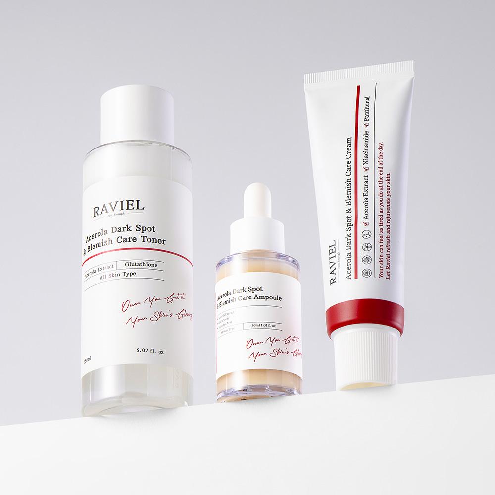 RAVIEL 3-Day Dark Spot & Blemish Care Acerola 3-Piece Set (Toner + Ampoule + Cream) + Shopping Bag