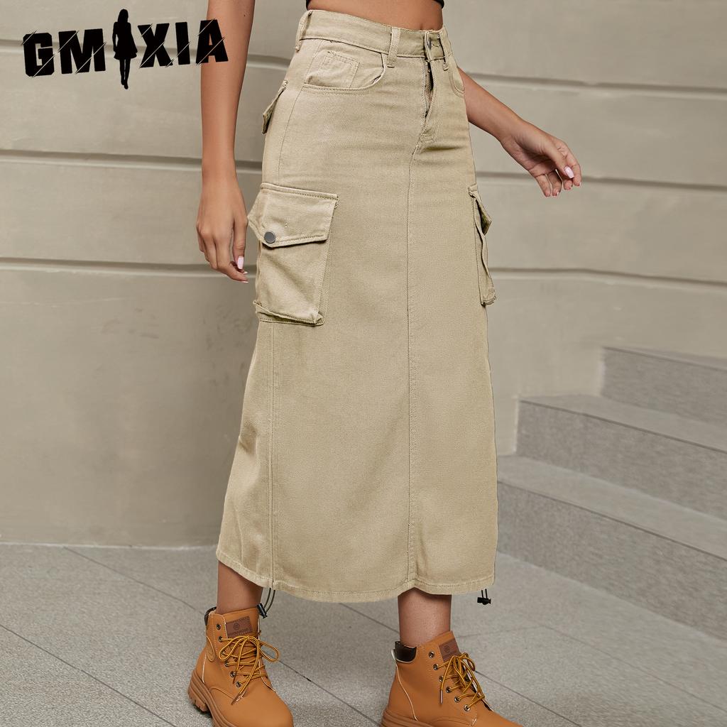 GMXIA Denim Cargo Skirt Casual Mid-length Skirt Trend