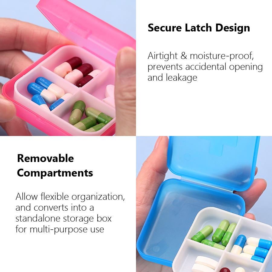 Mini-Pillendose mit 4 Fächern, Tragbarer Reise-Pillenorganizer, Kompakte Taschendosierer für Vitamine, Nahrungsergänzungsmittel