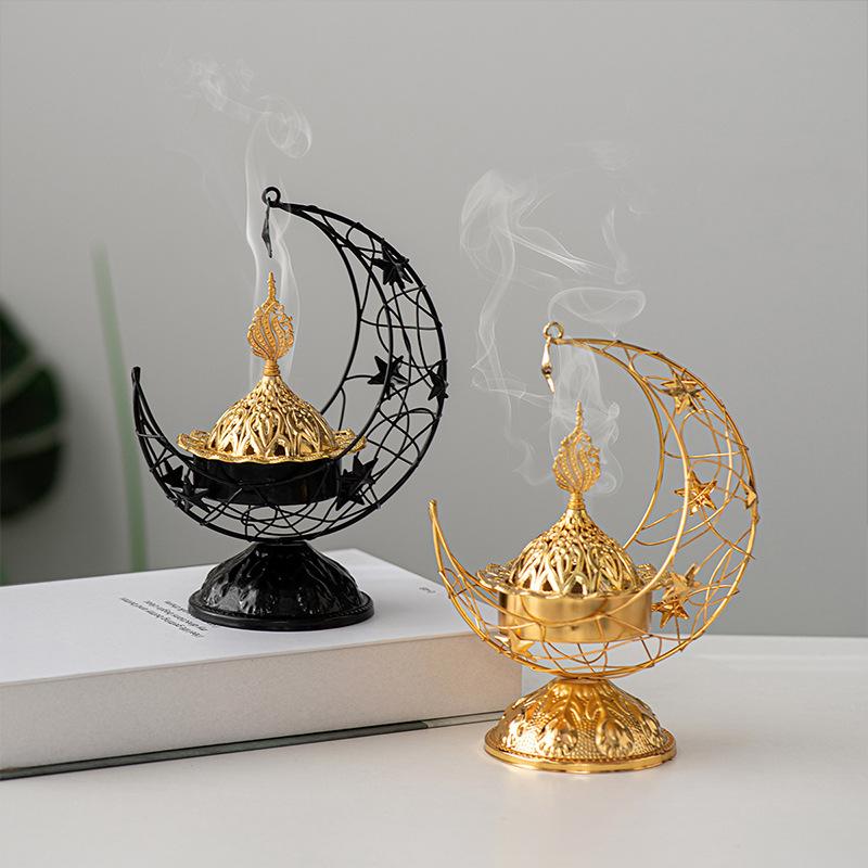 Handlicher Halbmond-Räuchergefäß aus Metall für den Nahen Osten, schwarzgoldene Farbe, Desktop-Aromatherapieofen für das Wohnzimmer