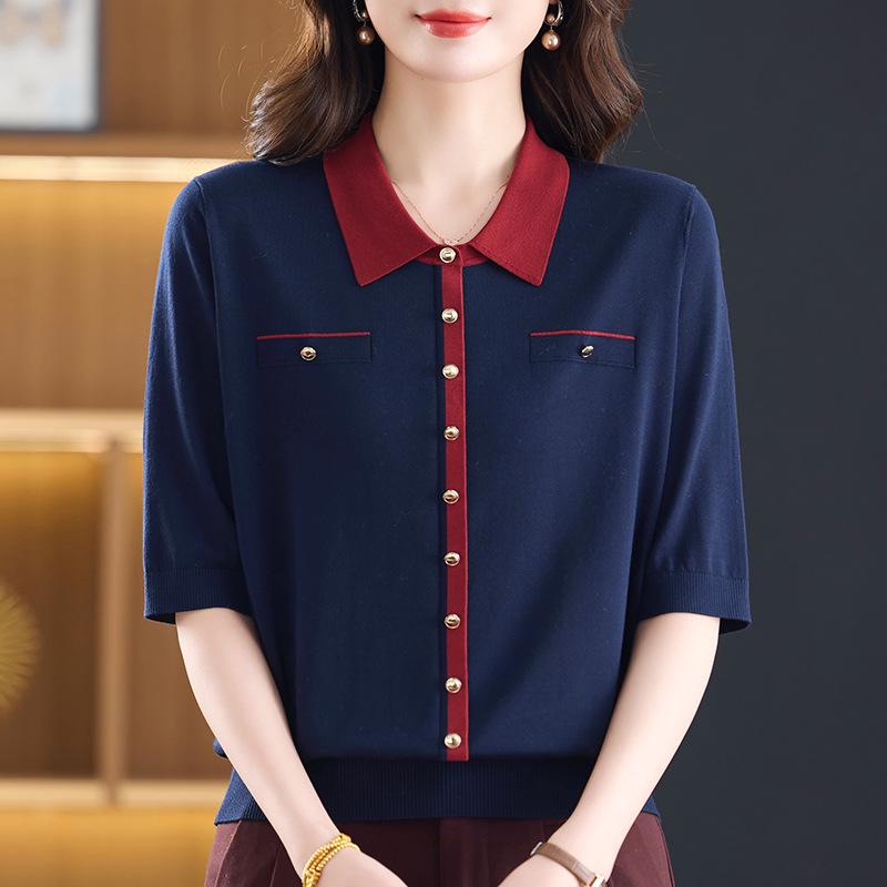 Spring-Autumn Mid-Sleeve Knit Top for Women - Loose Fit, Slimming, Solid Color Lyocell Sweater