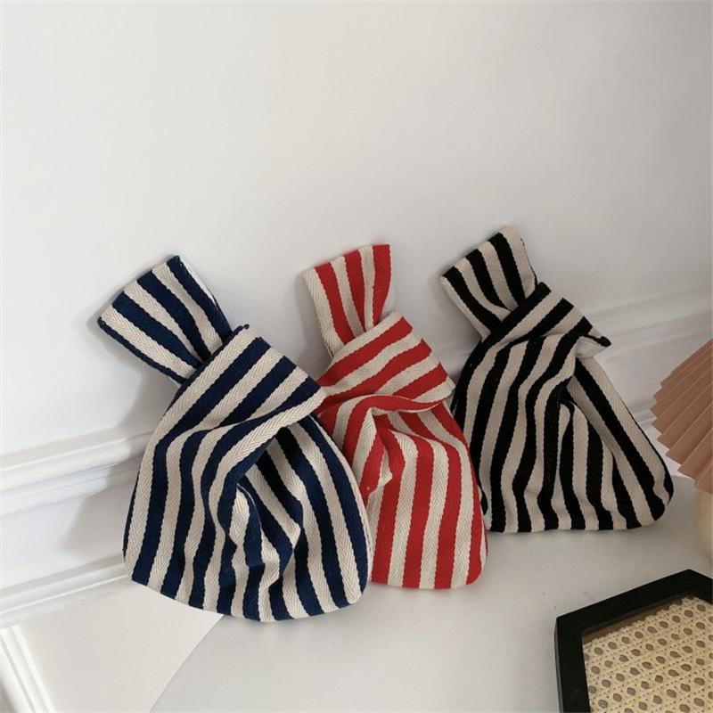 Portable Knot Wrist Bag for Women Chic Stripe Bags Simple Purses Tote Canvas Storage Cosmetic Bag Ladies Phone Key Coin Bag