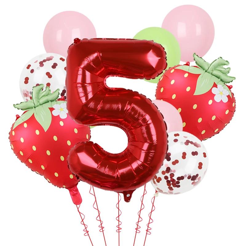 11Pcs 32inch Red 1-9 Years Old Digital Aluminum Film Strawberry Red Polka Dot Balloons Set Birthday Party Baby Shower Supplies