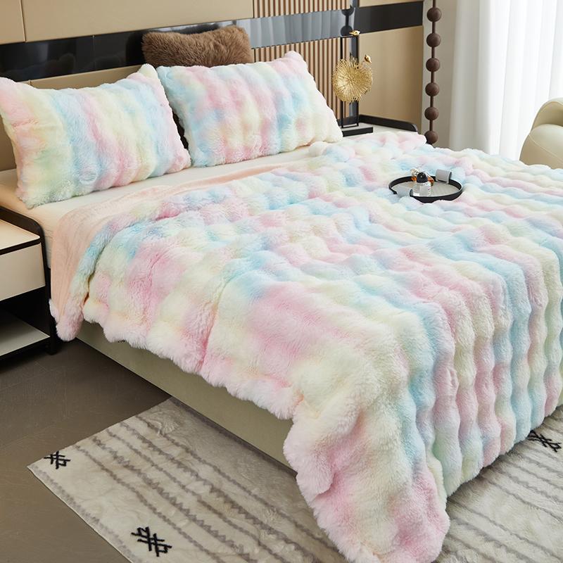 Solid Colour Three-dimensional Stripes Drawstring Rabbit Hair Cover Blanket Winter Soft Warm Double Layer Thickening Cover Blanket