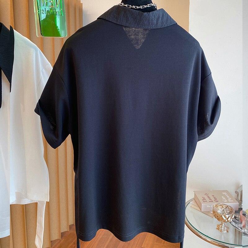 Elegant Short Sleeve Summer Split Blouse Women Loose T-shirt 2023 Fashion Drop Tops Casual Shirt White And Black Patchwork 27516