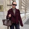 Women French Style Thick Loose Brown Double Breasted Woolen Commute Coat