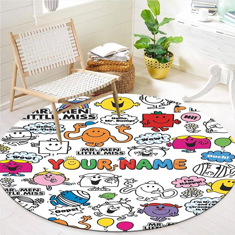 Mr. Men Little Miss Custom Name Round Area Rug,Carpet Rug for Living Room Bedroom Sofa Playroom Decor,Non-slip Floor Mat