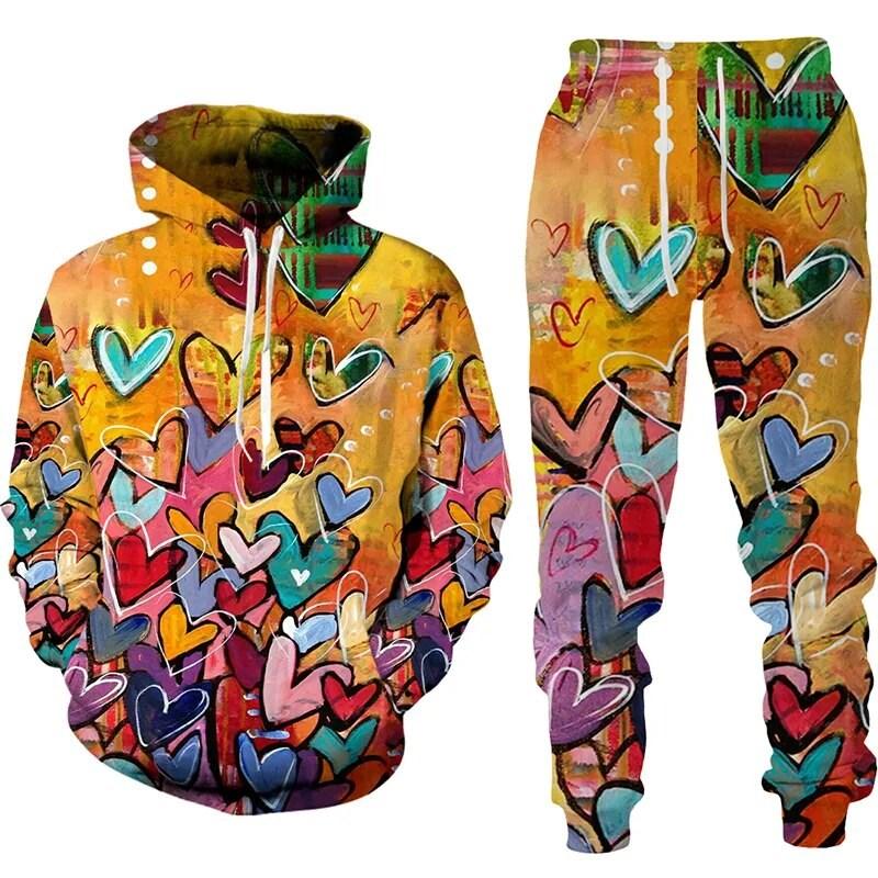 Men Hoodies 3D Print Sweet Love Heart Men Tracksuit Sets Fashion Casual Hoodie Pants Two Piece Set Men Sweatshirt Clothing Sets