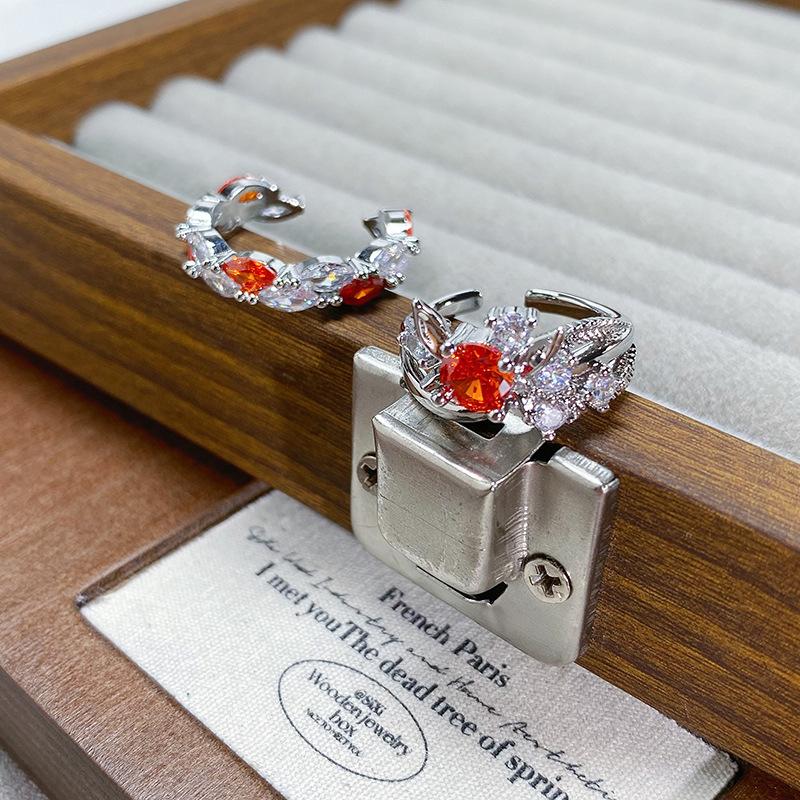 Small Fresh Orange Red Colored Treasure Zircon Row Diamond Opening Ring Light Luxury High Sense Niche Personality Stacked Ring Woman