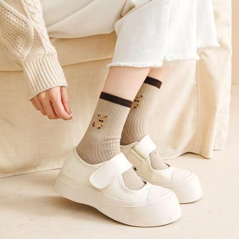 10Pairs Stripe Cute Bear Socks Cartoon Mid-Calf Socks Ins Tube Socks Women Women