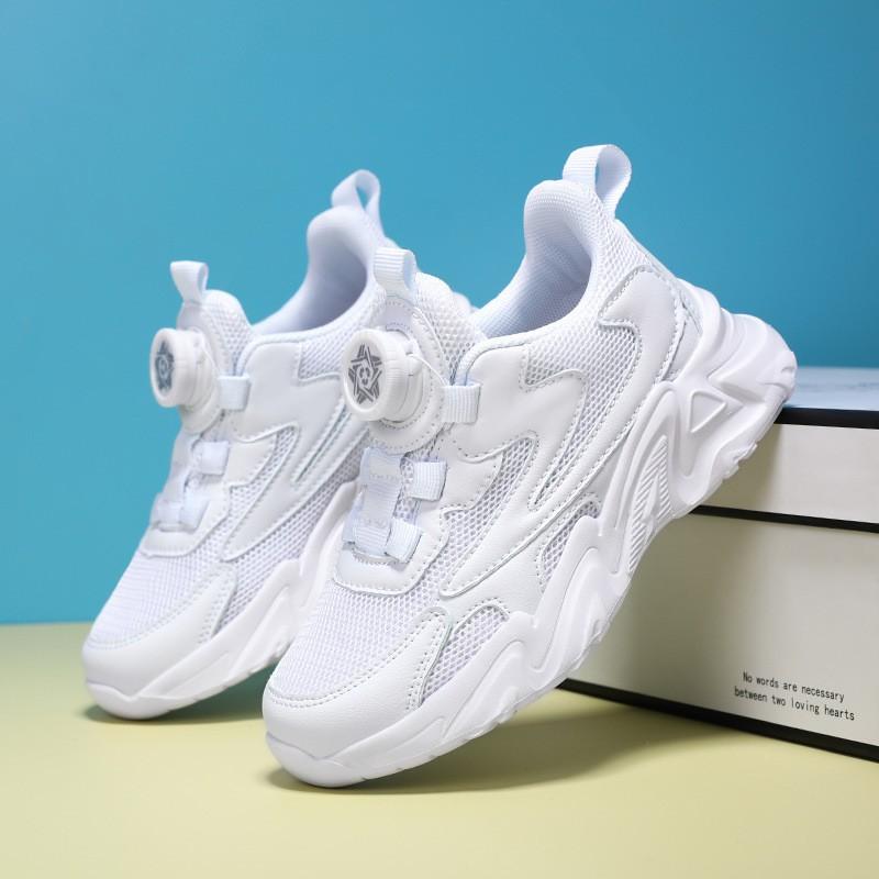 Boys Lightweight Breathable Sneakers With Rotating Buckle Kids School Shoes White Mesh Leather