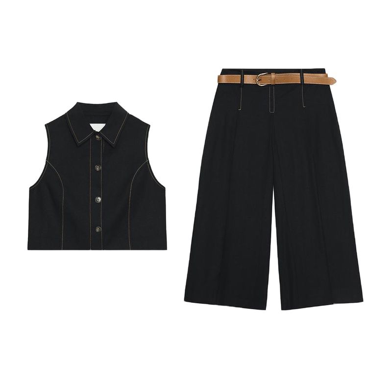 Contrast Color Thread Straight-leg V Neck Vest Jacket 8333723 Pleated Belt Minimalist Casual Pants 8288723