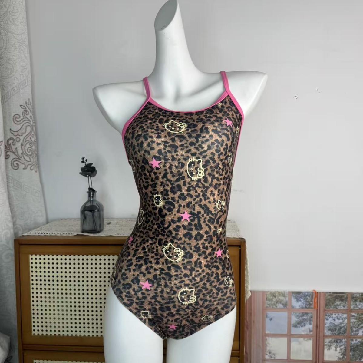 Premium sense single-layer Lycra fabric chest padded one-piece triangle racing swimsuit female cartoon leopard print KT M