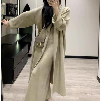 Women's Hong Kong Retro Off-Shoulder Knit Dress & Mid-Length Cardigan Set