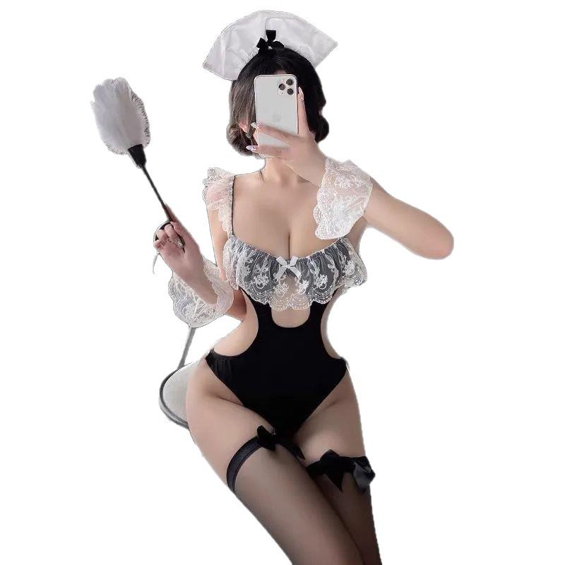 Sensual Lace Suspender Maid Costume - Seductive Cosplay Onesie for Small Chest