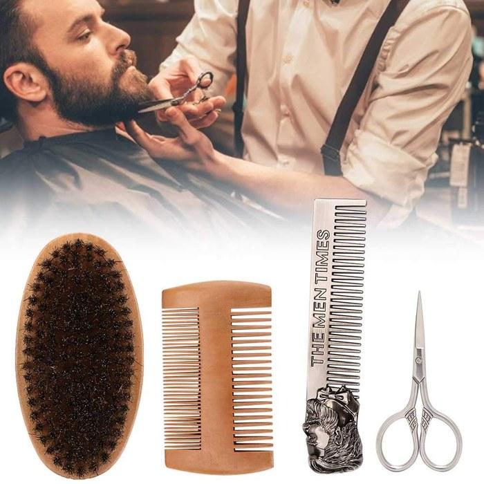 [Mustache] Scissors, 4-Piece Beard Comb Set, Men's Beard Kit