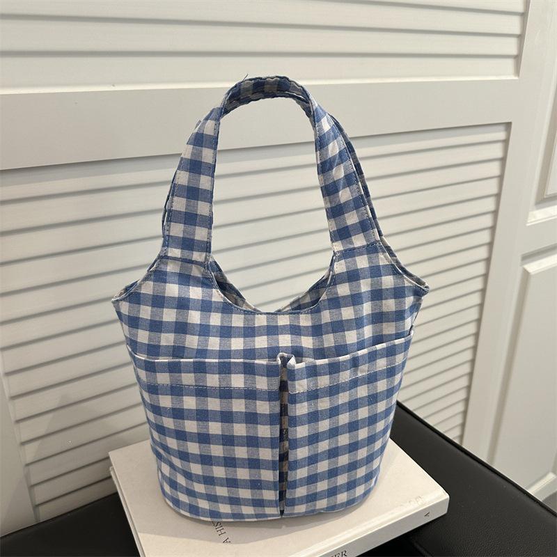 Retro Korean Plaid Large Capacity Canvas Tote Bag - Early Spring 2026 Edition
