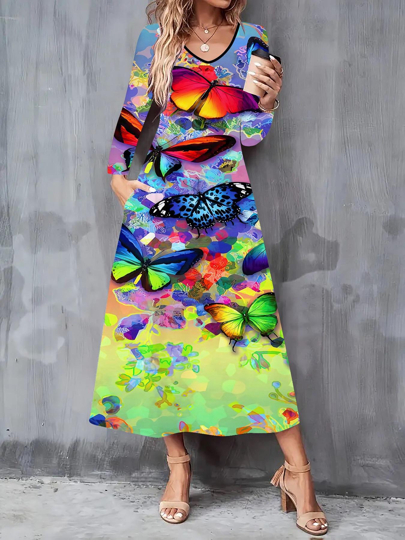 

2025 Осінньо-зимовий новий жіночий повсякденний модний плаття 3D принт літаючих метеликів Довгий рукав V-подібний виріз А-силуетні сукні XXL жовтий