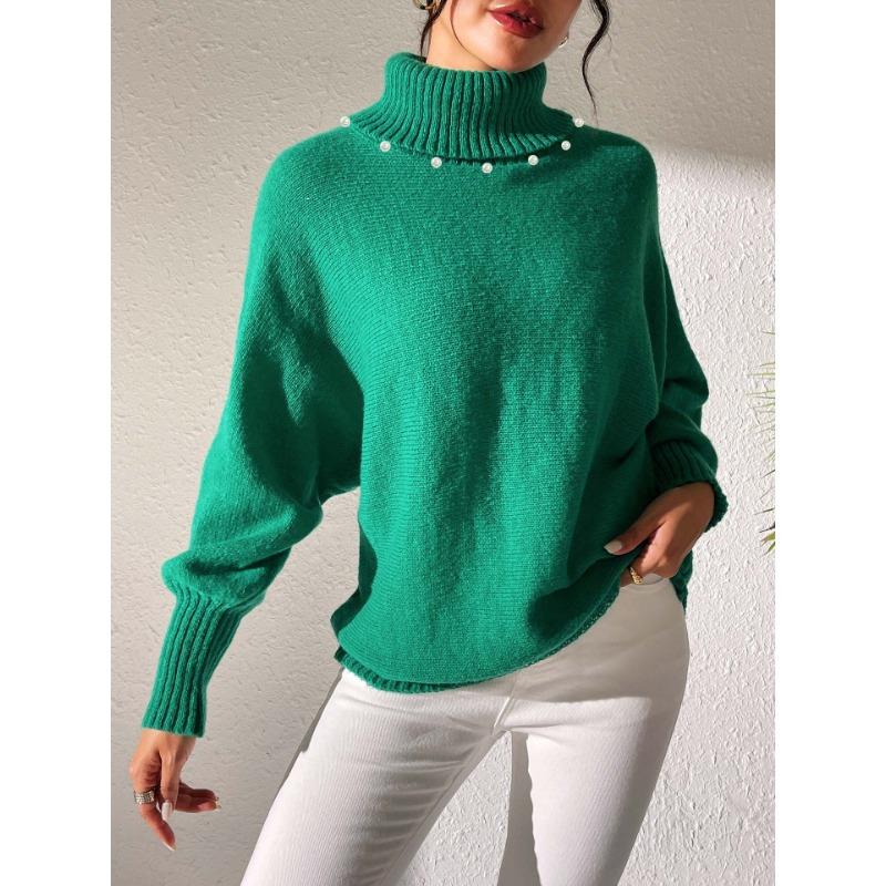 Bluză de bază mărime plus toamnă și iarnă pentru femei, topuri simple de culoare uni, pulover cu gât înalt cu perle