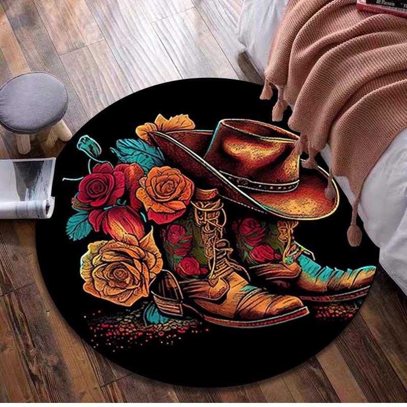 1Pc Cowgirl Boots Hat Circular Print Rug - Home Decoration Carpet For Living Room Bedroom Flooring Computer Chair Area Rug