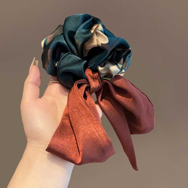 1pc Korean Version of High-end Women's Exquisite Retro Printed Ribbon Headband Headband, Fashionable Tied Ponytail