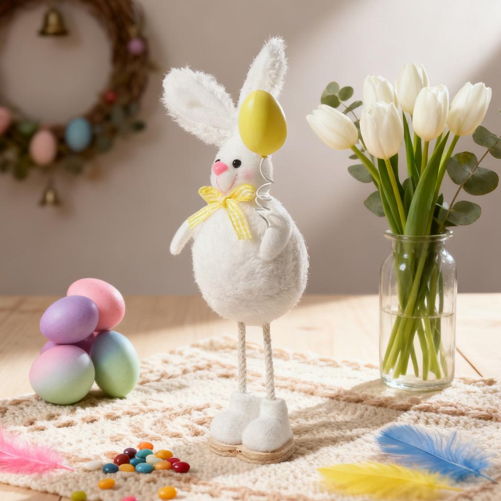 Kreative und niedliche Plüsch-Osterhasen-Ornamente zur Heimdekoration und Schaufenstergestaltung.