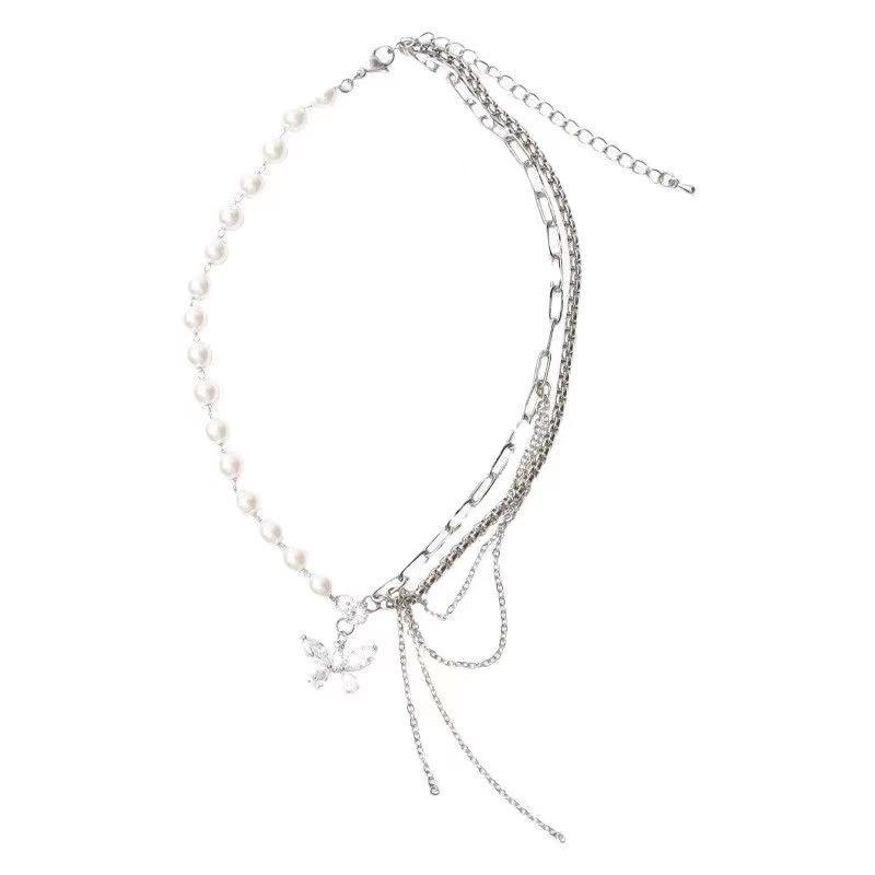 Pearl Stitching Zircon Butterfly Tassel Necklace for Women - Trendy Light Luxury Design