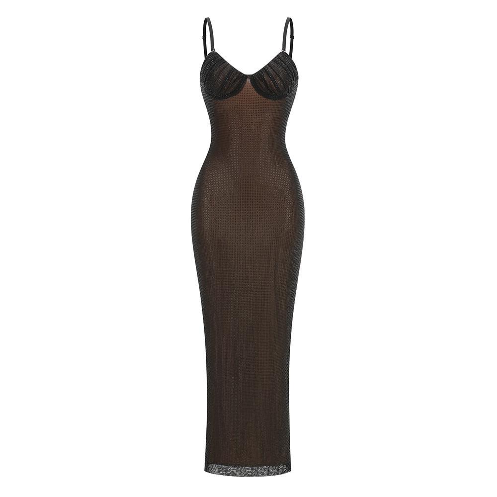 European and American Rhinestone Spaghetti Strap Mesh Evening Gown - Sexy Slim Fit Hip Hugger Skirt for Nightclub and Banquet Parties