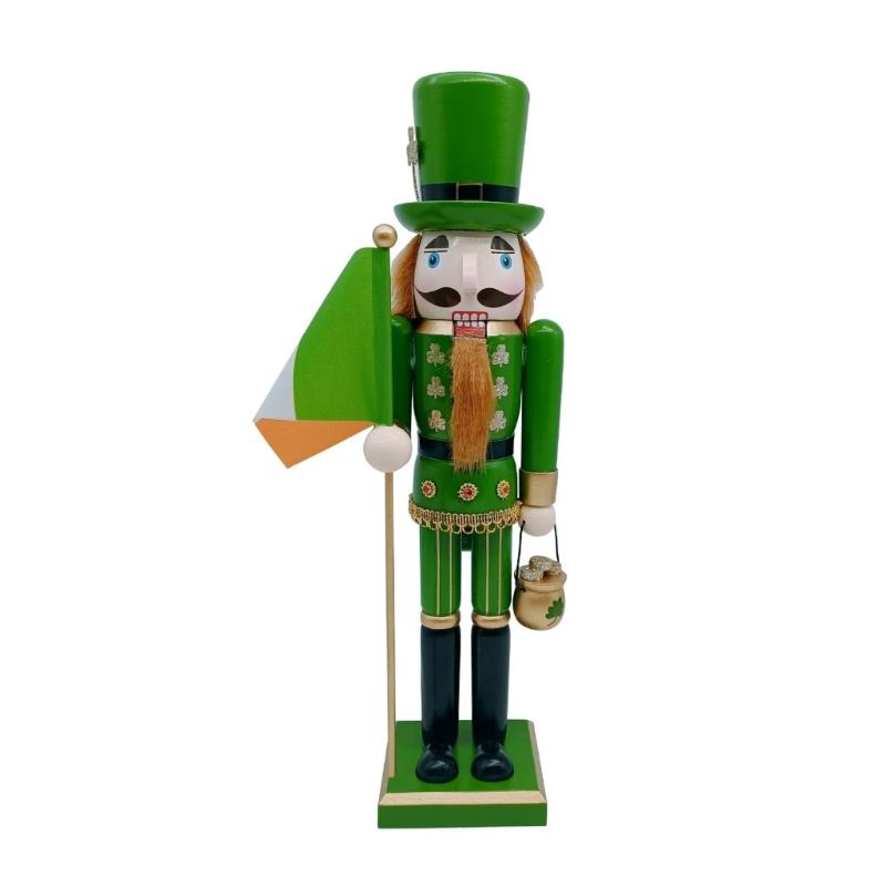38cm Green Shamrock Soldier Figurines Wood Irish Nutcrackers Patricks Day Puppet Collectible Ornament Home Table Decors