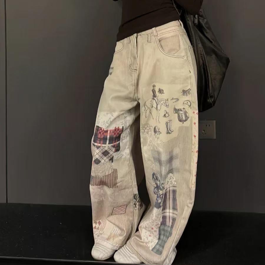 Poches Pantalon Zippé Décontracté Lavage Rétro Grunge Jambes Larges Jean Style Rue Mode Pantalon en Denim Y2k