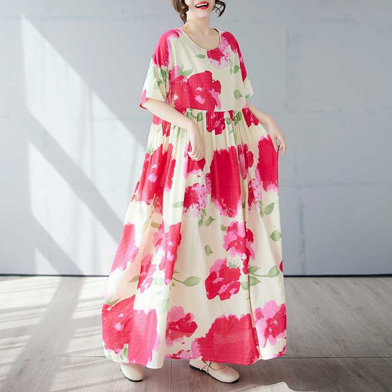 

Простая и модная длинная юбка, летнее платье с короткими рукавами и круглым вырезом с принтом One size