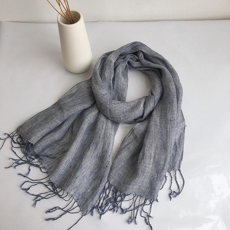 Wuyin Same Linen Solid Color Scarf, Hemp Gray Spun Linen Scarf, Fashionable Fringed Silk Scarf.