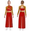 Kids Girls Dance Costume Two-Piece Set Mock Neck Long-Sleeved Sequins Cutout Back Press Button Crop Top with Flowing Chiffon Overlay Wide-Leg Side Sli