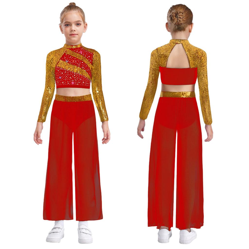 Kids Girls Dance Costume Two-Piece Set Mock Neck Long-Sleeved Sequins Cutout Back Press Button Crop Top with Flowing Chiffon Overlay Wide-Leg Side Sli