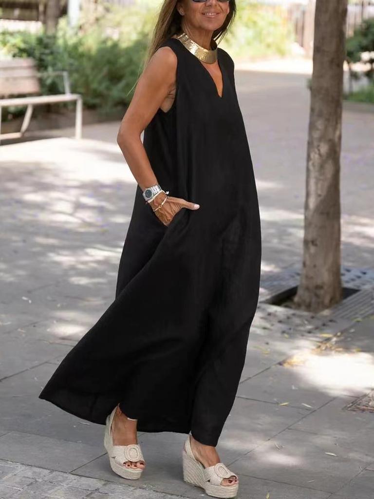 Summer New Style Deep V Neck Sleeveless Long Sleeve Plus Size White Cotton Linen Dress